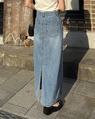 H-line elastic waist long denim skirt