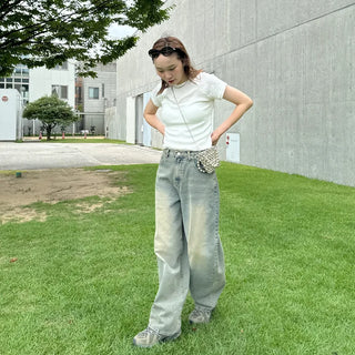 Gray wash denim wide pants