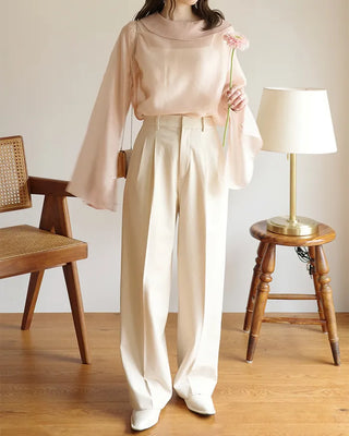 (ORIGINAL) Round Collar Button Sheer Blouse