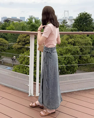 Wrap long denim skirt