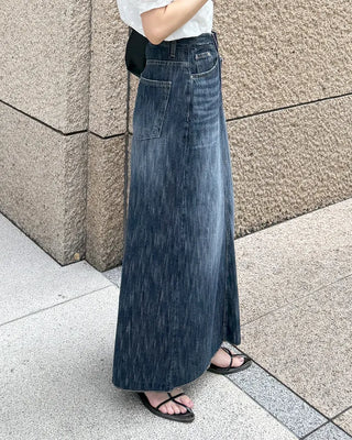 Washed denim long skirt