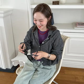 Checked string hooded shirt