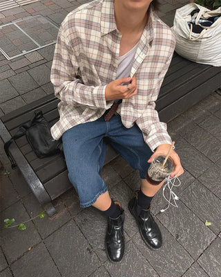 Oversized seersucker check long-sleeved shirt