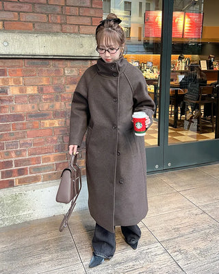 High-neck belted long coat