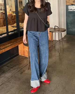 Rolled-up denim wide-leg pants