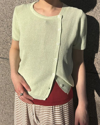 Asymmetrical Button Short Sleeve Knit