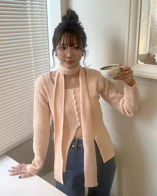 Ribbed cardigan and scarf set