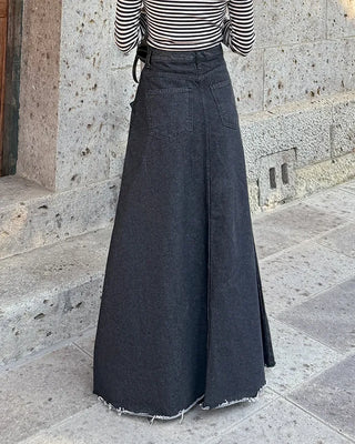 Flared long denim skirt