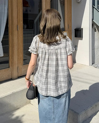 Front Ribbon Check Puff Sleeve Top