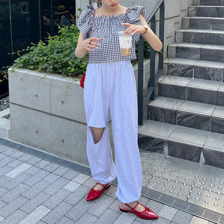Gingham check frill blouse