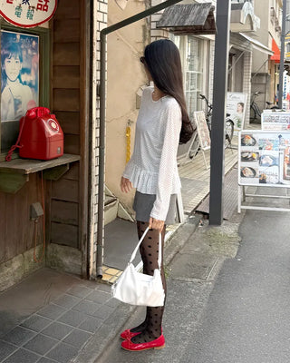 Dot Shirring High Neck Long Sleeve T-Shirt