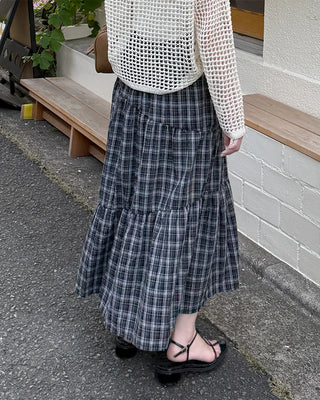Checked banded long skirt