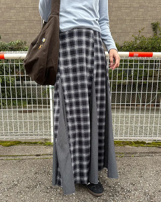 Slit check long skirt