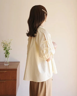 (ORIGINAL) Henley Neck Ribbon Balloon Blouse