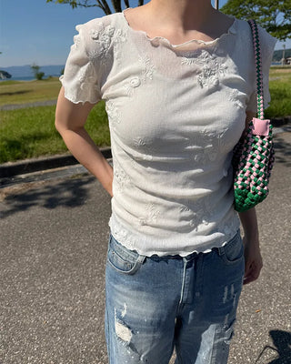 Flower Sheer Scallop Short Sleeve T-Shirt