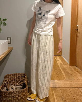 Cat print short-sleeved T-shirt