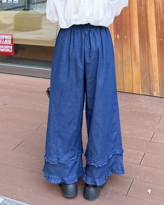 Frilled denim cotton wide-leg pants with elastic waistband