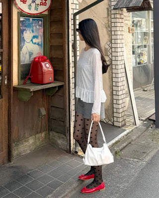 Dot Shirring High Neck Long Sleeve T-Shirt