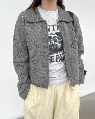 Perforated Collar Knit Zip-Up