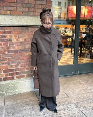 High-neck belted long coat