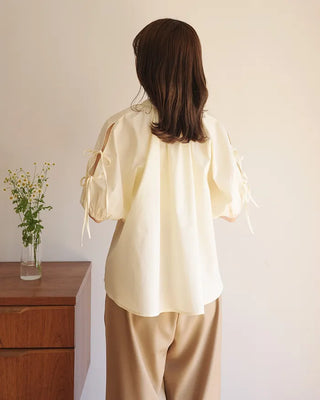 (ORIGINAL) Henley Neck Ribbon Balloon Blouse