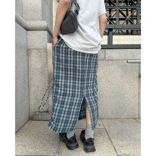 Checked ribbon strap long skirt
