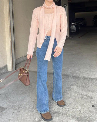 Ribbed cardigan and scarf set