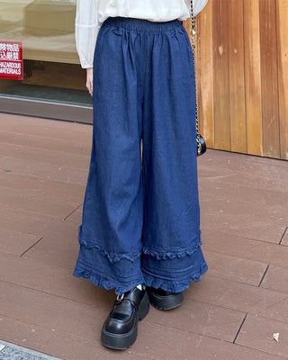 Frilled denim cotton wide-leg pants with elastic waistband