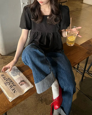 Rolled-up denim wide-leg pants