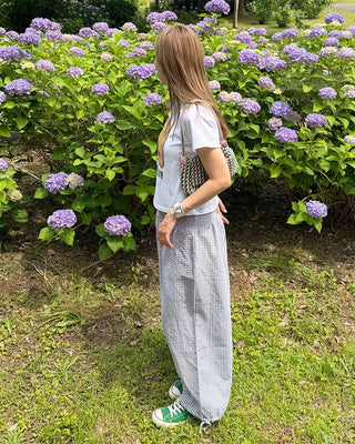 Shirred wide-waist gingham check pants