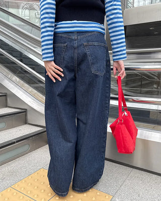 Wide-fit pintuck denim pants