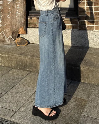 H-line elastic waist long denim skirt