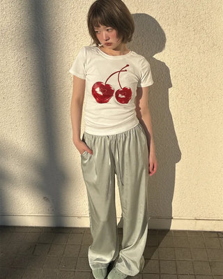 Waistband string silk wide-leg pants