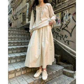 Cotton A-line shirred long skirt