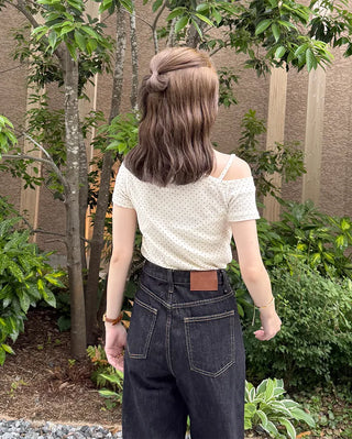 Dot Asymmetric Off-Shoulder Short-Sleeve T-Shirt