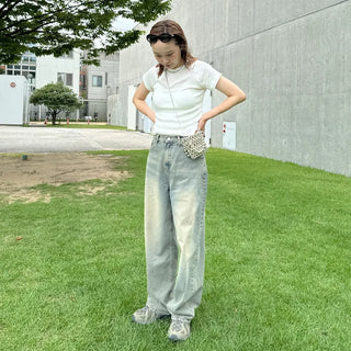 Gray wash denim wide pants