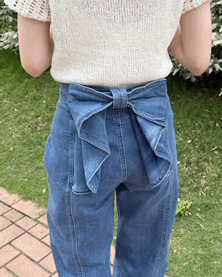 Back ribbon frill denim pants