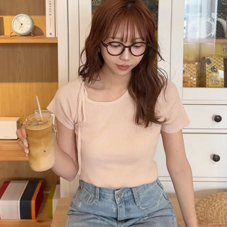 Asymmetrical Ribbon Short-Sleeve Knit