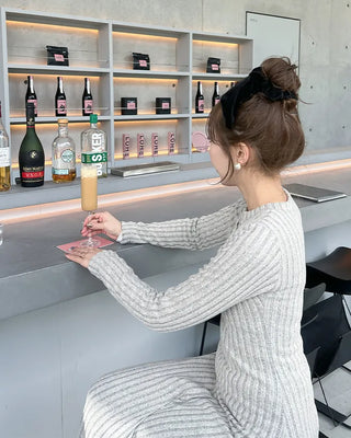 Button-detail ribbed long dress