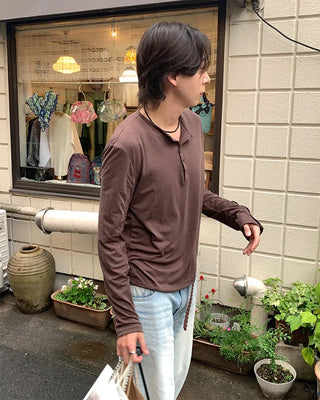 Fingerhole Henley Neck Long Sleeve T-Shirt