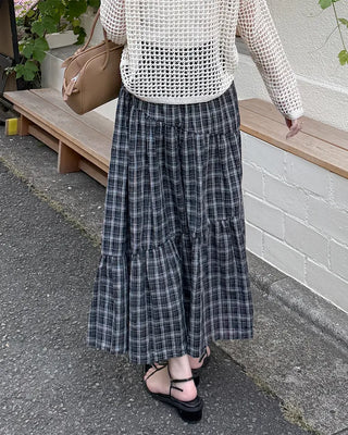 Checked banded long skirt