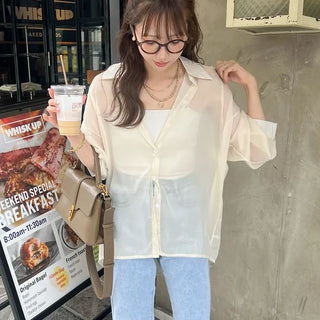 Drop-shoulder sheer shirt