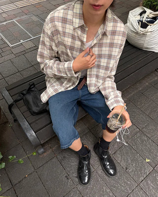 Oversized seersucker check long-sleeved shirt
