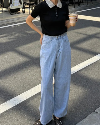 Pearl-embellished color-accented short-sleeved knit