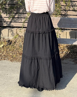 Lace tiered flared long skirt