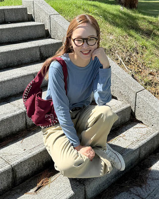 Simple round neck collar long-sleeve T-shirt