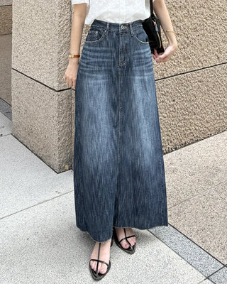 Washed denim long skirt