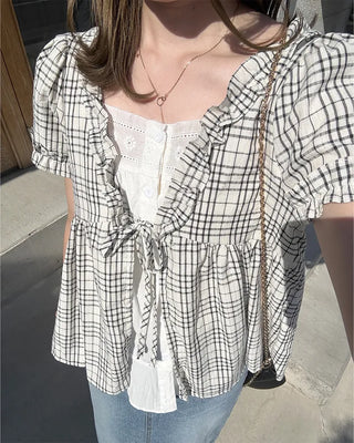 Front Ribbon Check Puff Sleeve Top