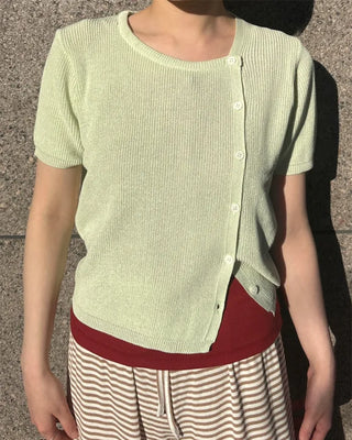 Asymmetrical Button Short Sleeve Knit