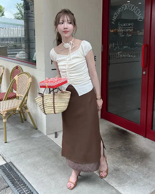 Flower Strap Heart Neck Shirring Short Sleeve T-Shirt